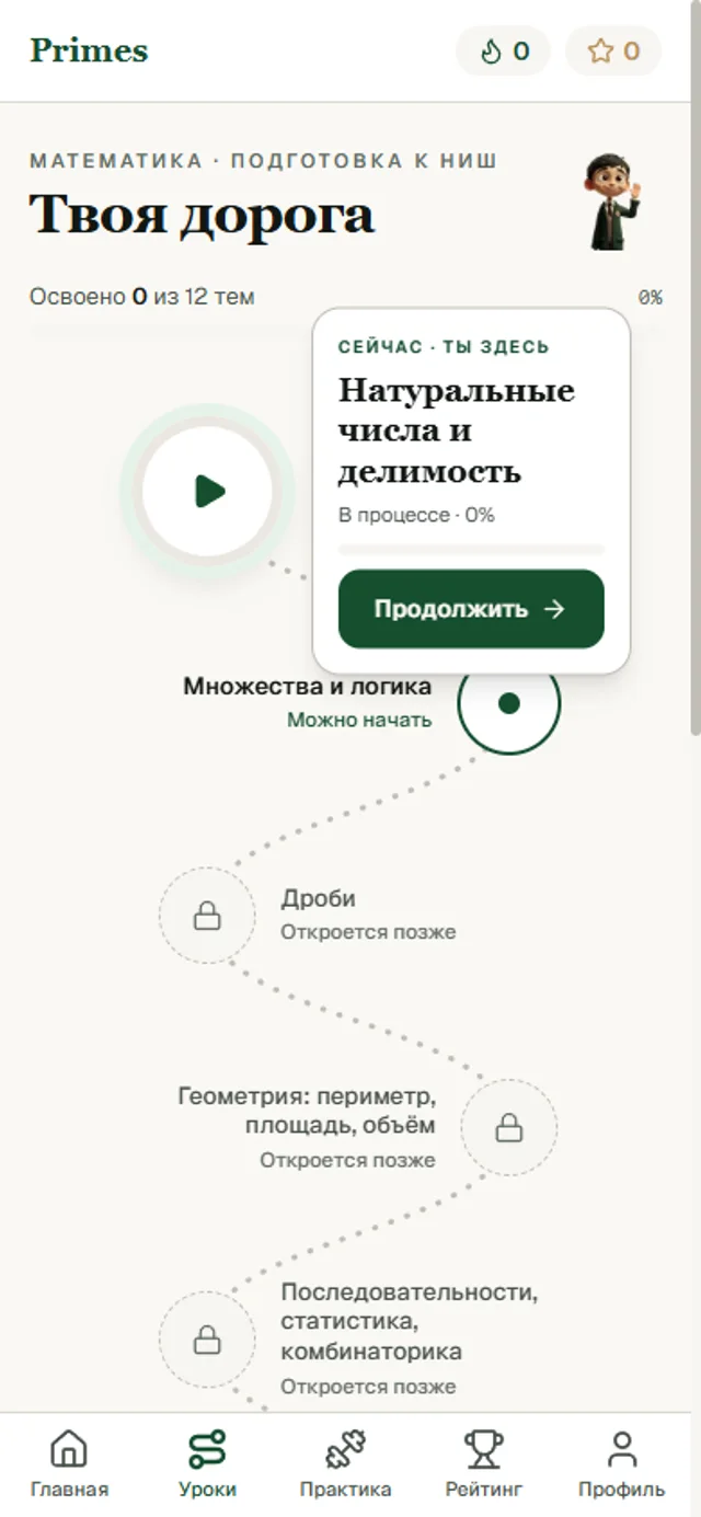 Реальный скриншот платформы: карта уровней по темам